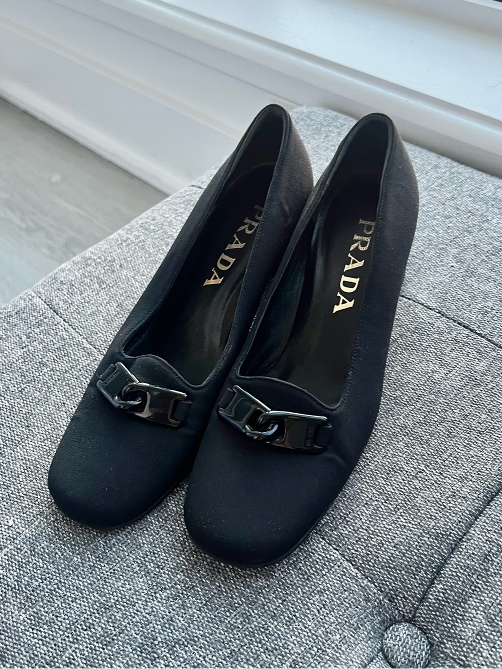 PRADA Black Classic Block Heel Pumps with Chain Detail